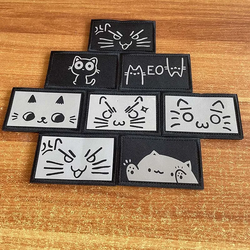Cartoon Cat Badges Cute Angry Happy Expression,Funny Kitten Meow Emblem Backpack Sticker Clothing Applique IR Reflective Patches