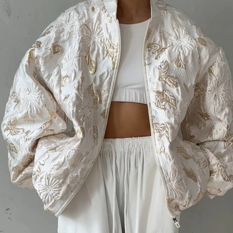 QICHE Women's Jacket Women's Outerwear 2026 European American Oversized Shiny Gold Jacquard Cropped Loose Jacket