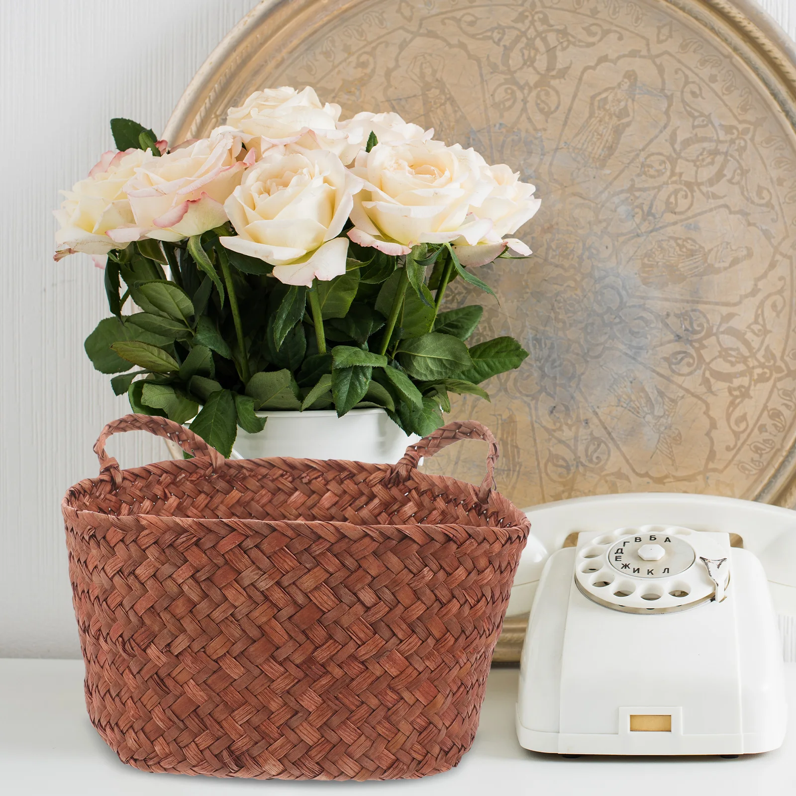 

Coffee S Desktop Trash Basket Woven Storage Bucket Wear Resistant Small Waste Can H made Seagrass Round Sewing Edge Kids