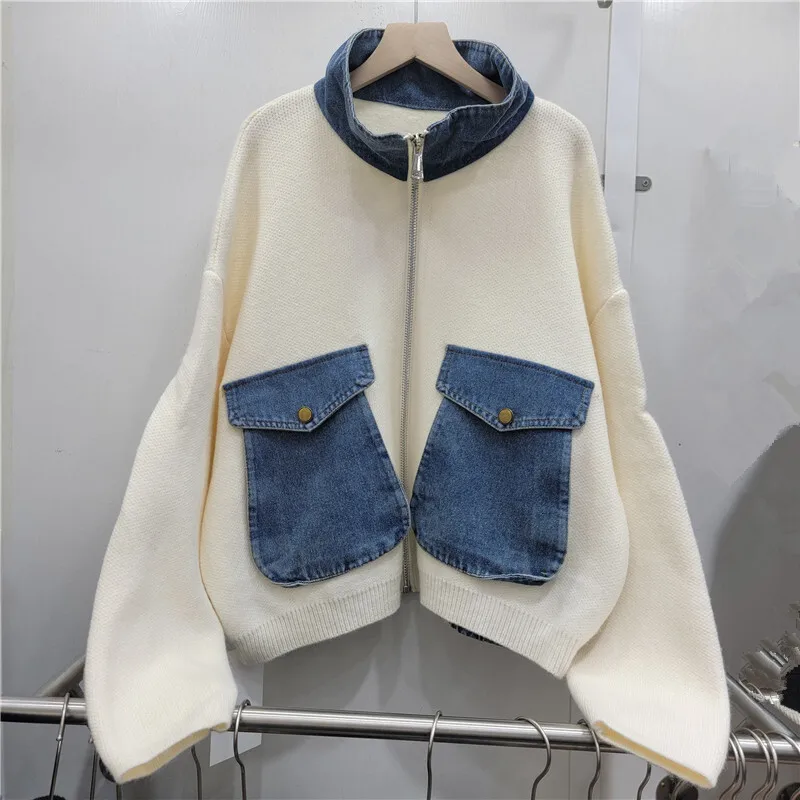 Spring Autumn Women Apricot Short Knitwear Coat Fashion Stand-collar Cowboy Big Pocket Knit Cardigan Jacket Casual Streetwear