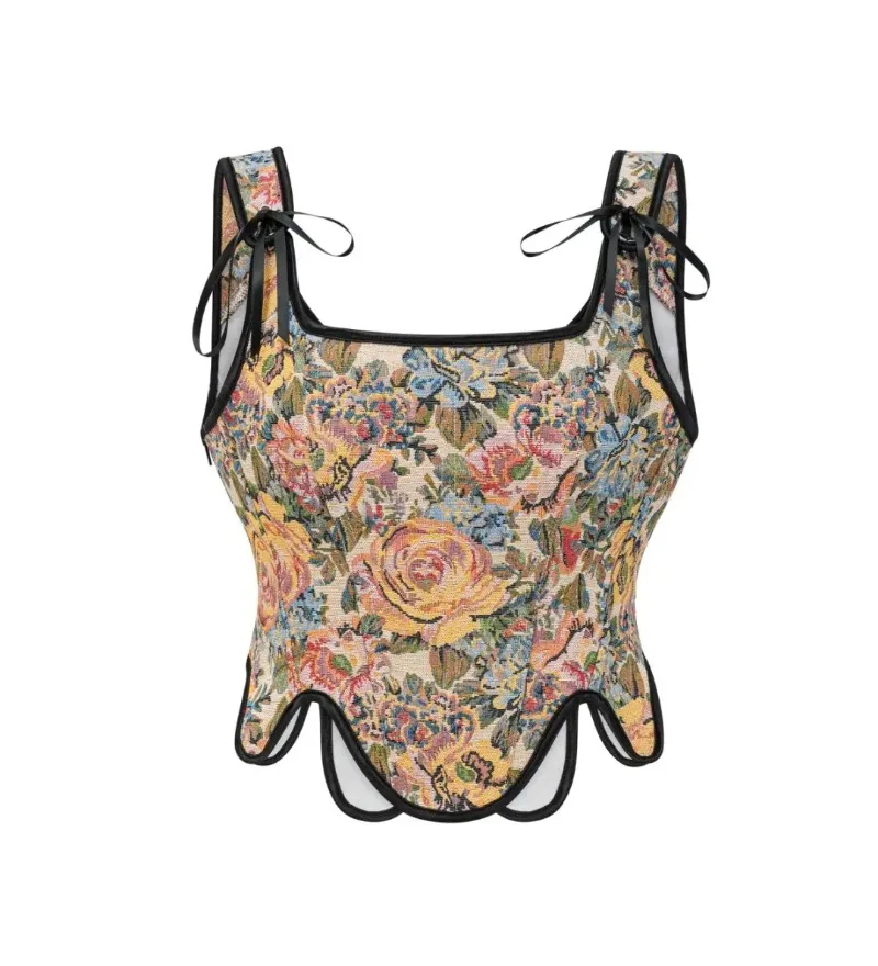 

Корсетный топ с цветочным принтом в стиле ретро и бретелями, женский готический винтажный парчовый укороченный топ с цветочным принтом, бюстье-корсет