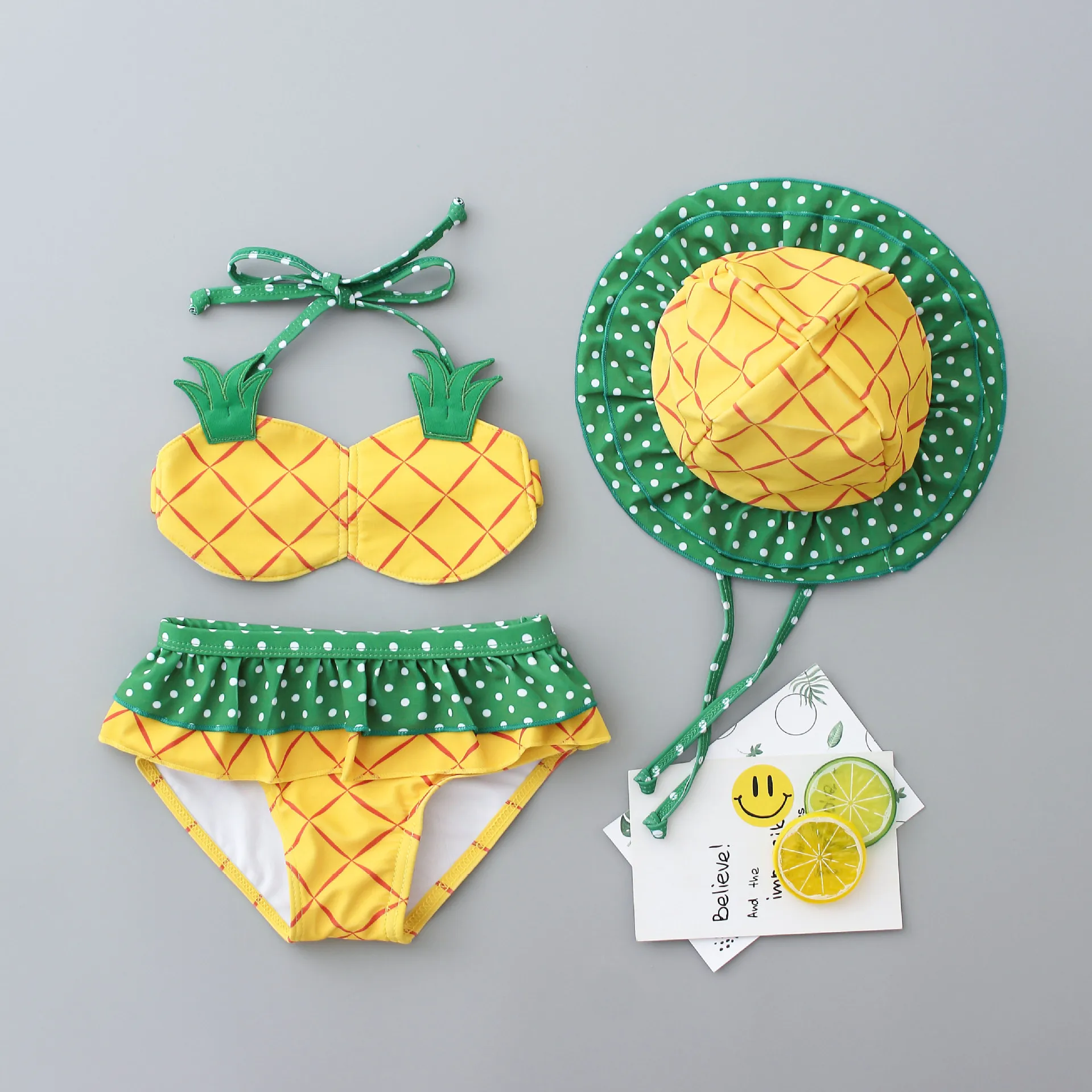 2023 Baby Swimwear Kids Girls Three Pieces Swimsuit Bikini Summer Children Cute Strawberry Pineapple Swimwear For Beach Vacation