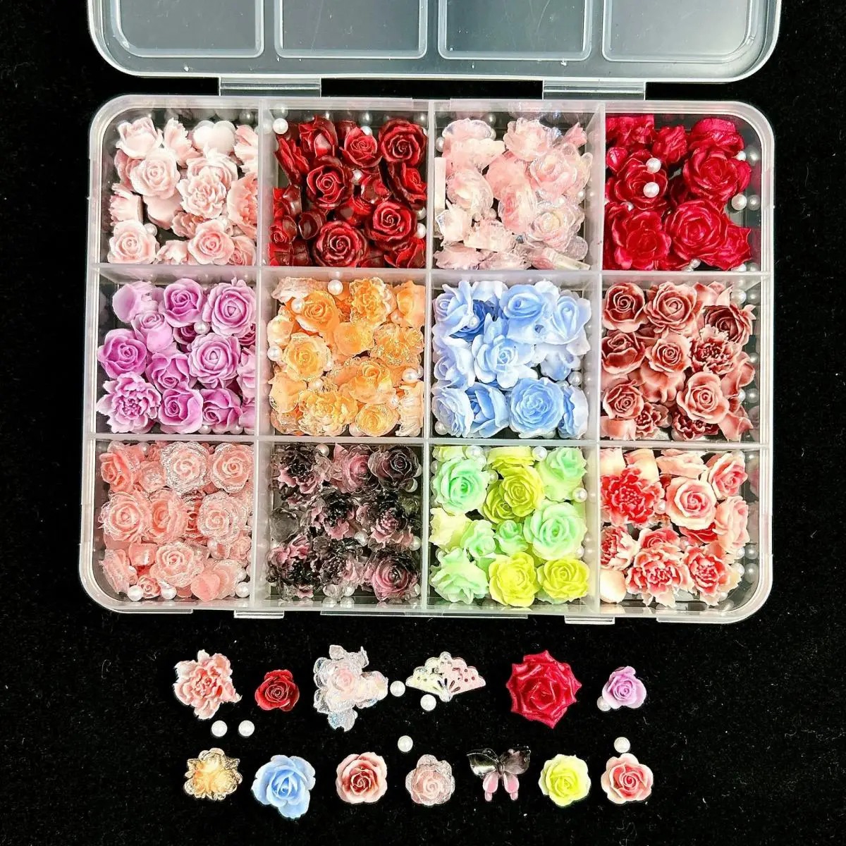 1Box Sweet 3D Green Leaf Simulated Pearl Nail Charms Colorful Resin Soft Rose Nail Art Decoration Accessories for Manicure DIY