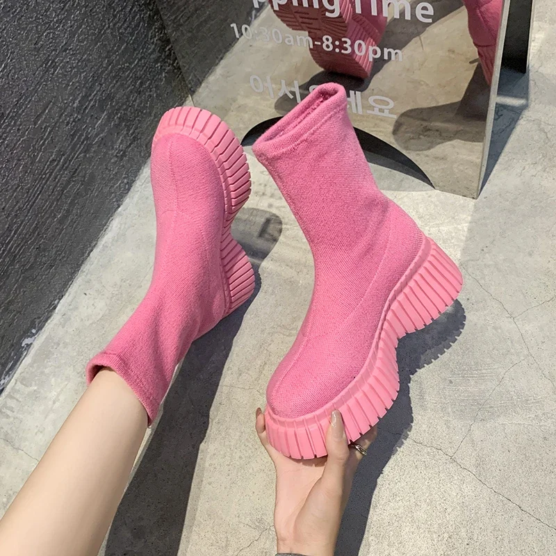 Pink Ladies Elastic Boots New Shoes Slip on Fashion Women Sock with Wedges Shoes Footwear Platform Botines Mujer Ankle Boots