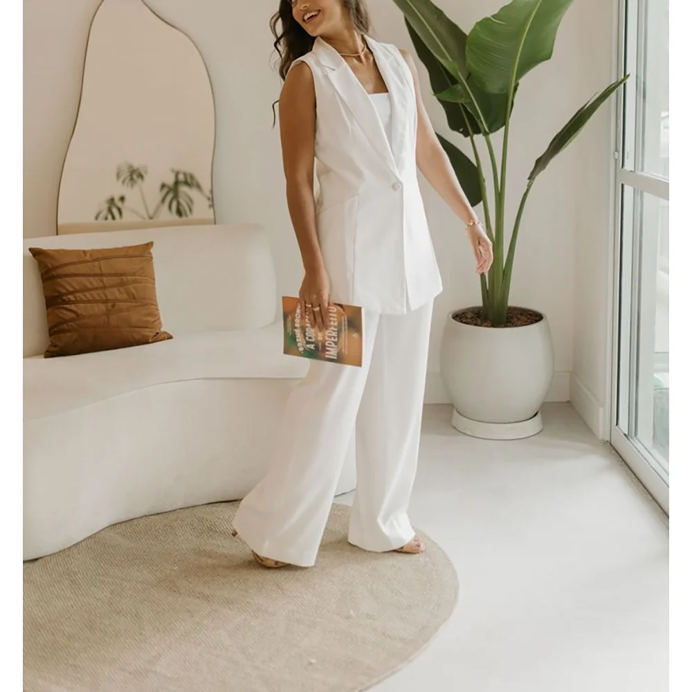 

White Single Breasted V Neck Sleeveless Woman Suit 2 PCS Blazer+Pants Set Formal Party Sets Office Lady Summer Wedding Party Set