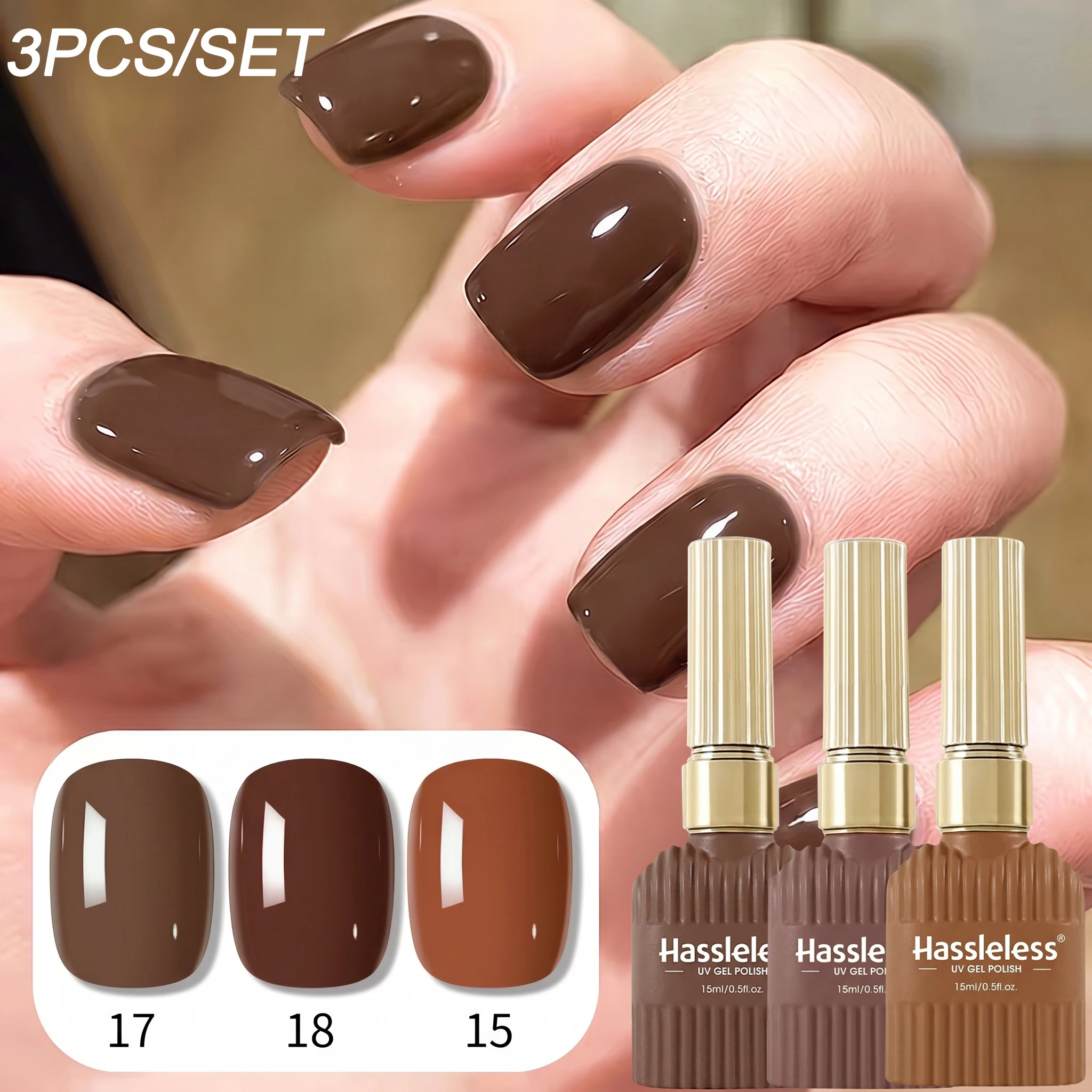 Hassleless 3Pcs Chocolate Brown Coffee Nail Polish Gel Set, with Strong Color Layering Effect, Creating a Deep and Vibrant Color Scheme, Autumn and Winter Ambiance Nail Art, with a Fine and Silky Texture, Easy for Beginners, Suitable for Salon and Home Use, Holiday Nail Art Gift, Nail Care