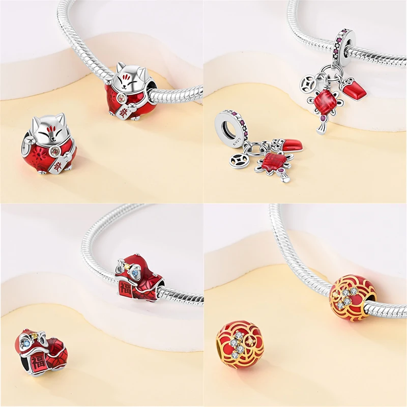 925 Silver Lantern Chinese Knot Charms New Year\'s Traditional Beads Fit 3mm 925 Original Bracelets Fashion DIY Jewelry Gifts