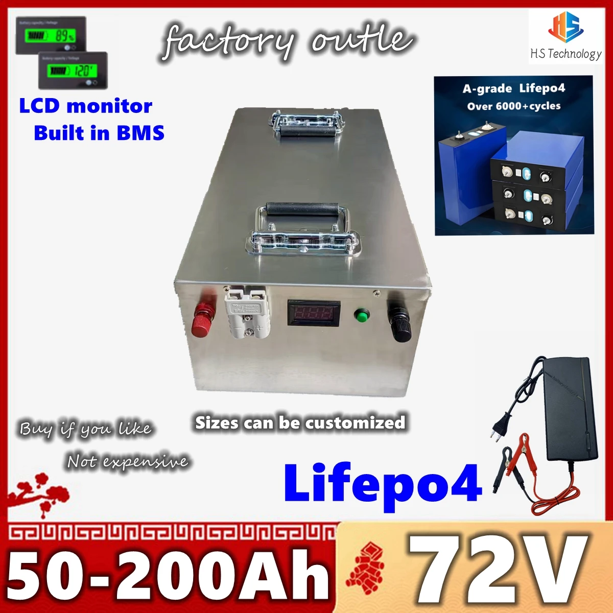 

lithium 72V 50Ah 80Ah 100Ah 200Ah 120Ah 150Ah lifepo4 battery BMS deep cycle for 7000W scooter Motorcycle inverter + 10A charger