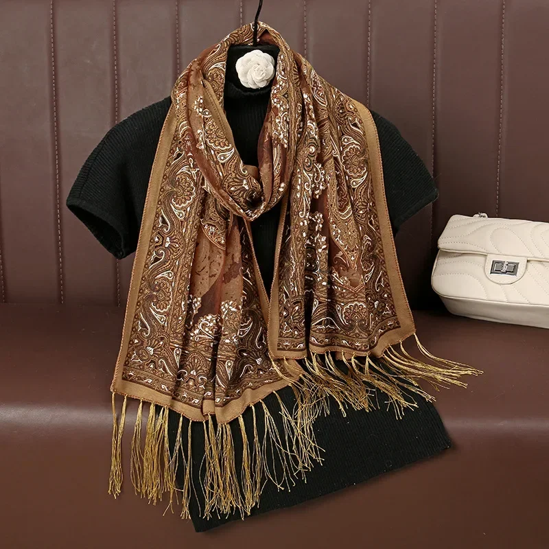 Style Hanging Beard Tassel Traditional Flower Burning Technique Beautiful Shawl Popular Foreign Trade Polyester Lace Long Scarf