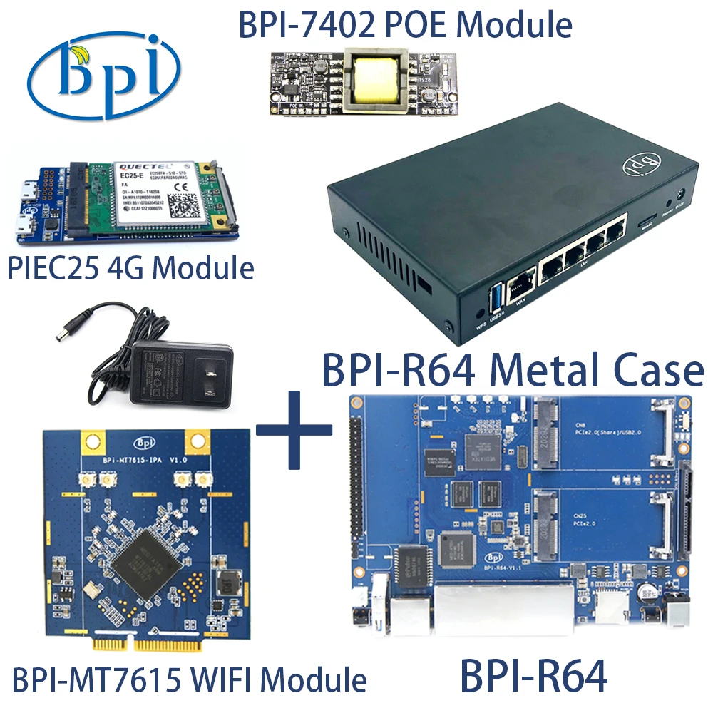 Banana PI BPI-R64 With MT7615 Module R64 Metal Case MediaTek MT7622 8G eMMC flash 1G DDR3 Support Wifi Bluetooth POE 4G Module