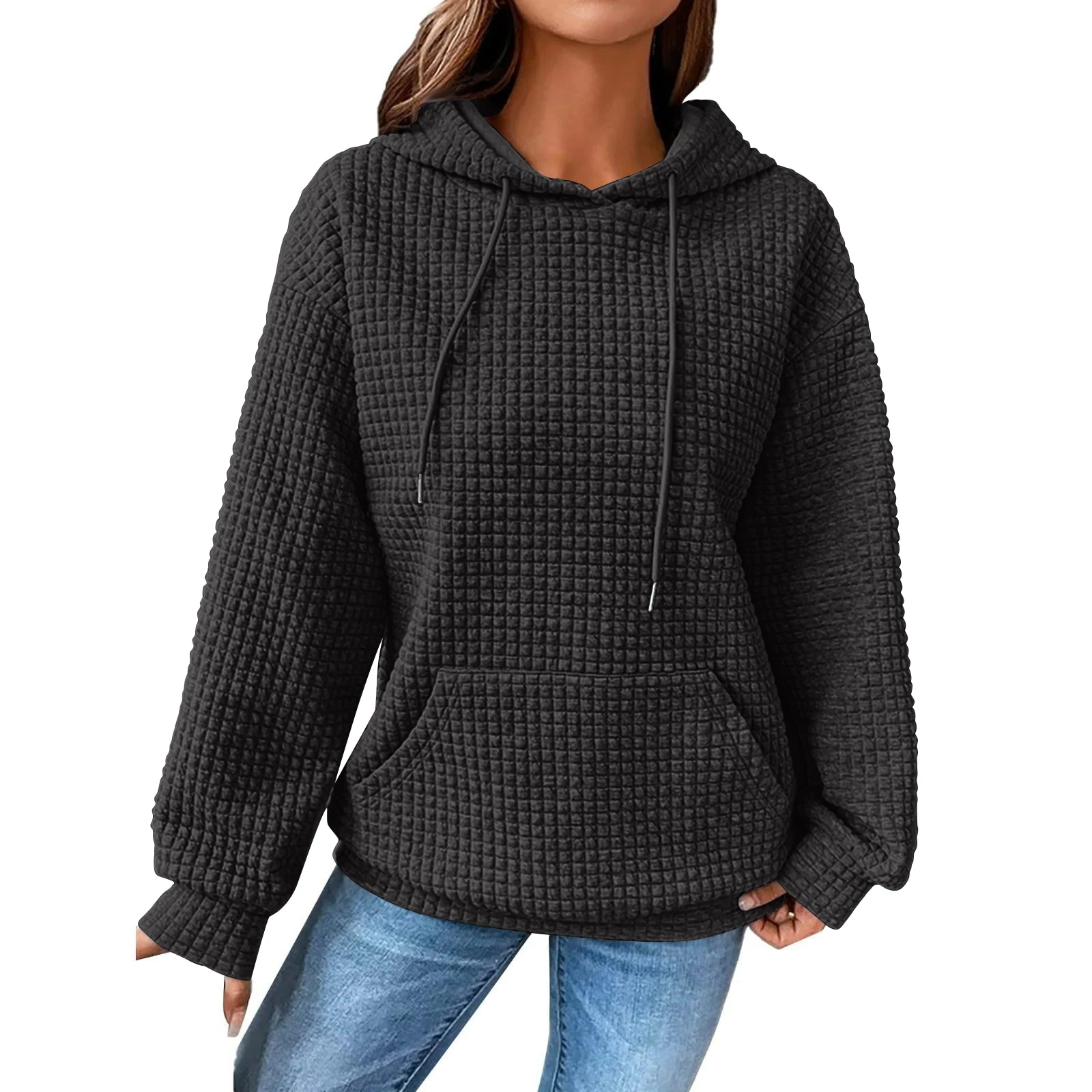 Women'S Fashion Loose Hooded Pullover Long Sleeve Patchwork Plaid Sweat Drawstring Shoulder Strap Pocket Top Sudaderas De Mujer