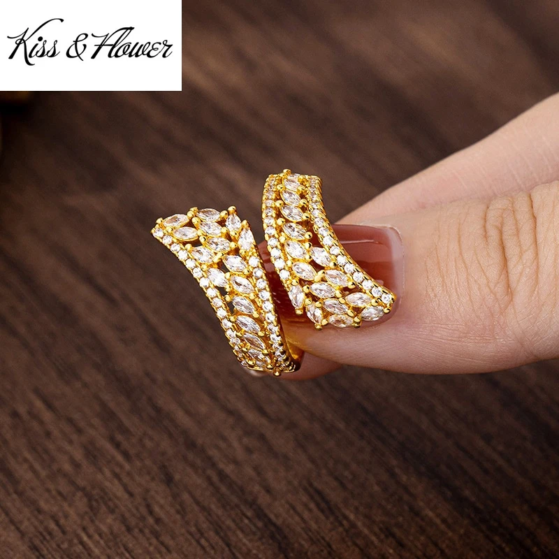 

KISS&FLOWER Gold Shiny Luxury Open Rings For Women Wedding Party Birthday Christmas Bride Mother Girlfriend Ladies Gifts RG5244