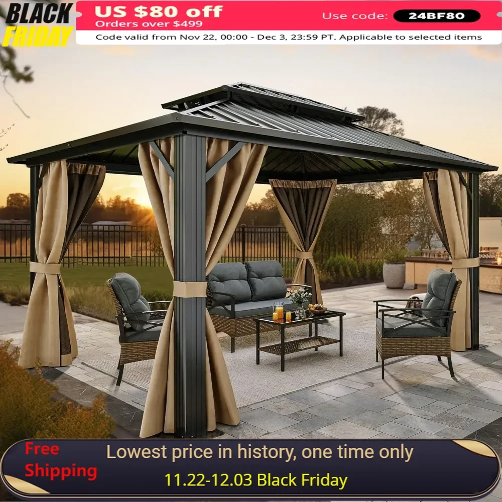 10x12ft Gazebo Double Roof Hardtop with Nettings and Curtains, Heavy Duty Galvanized Steel Outdoor Vertical Stripes Roof