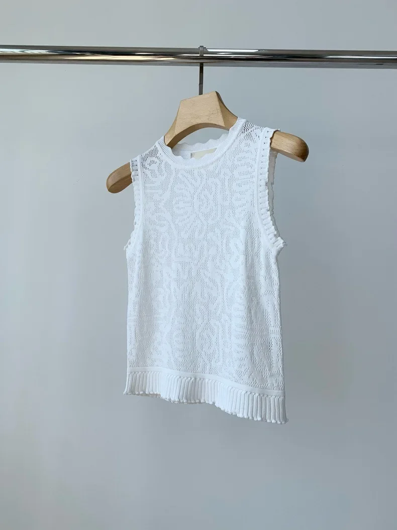 Women Black or White Vest Embroidery Hollow Out O-Neck Sleeveless Casual Ladies Knitted Tank Tops