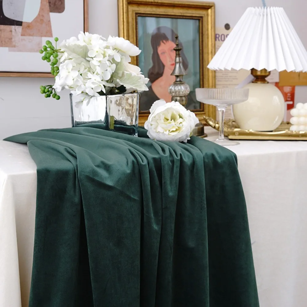 Green Velvet Table Runner Soft Texture 70x300cm Table Linen Overlay Stitched Edge Rectangular Shape Soft Velvet Fabric Runner