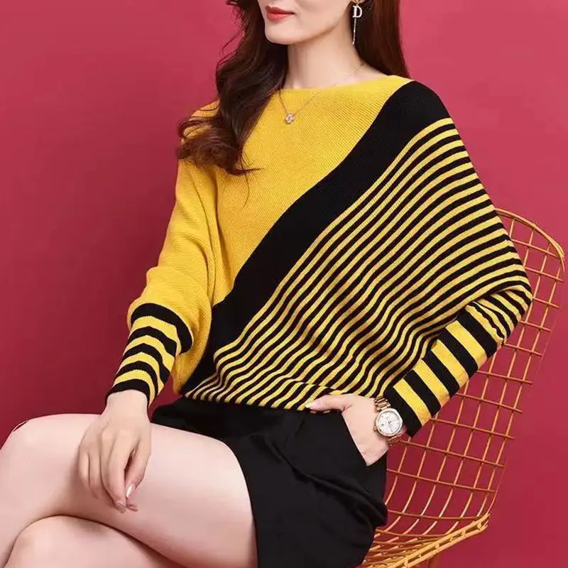 Casual Loose Striped Batwing Sleeve Sweaters 2023 Autumn Winter Slash Neck Stylish Patchwork Screw Thread Asymmetrical Jumpers