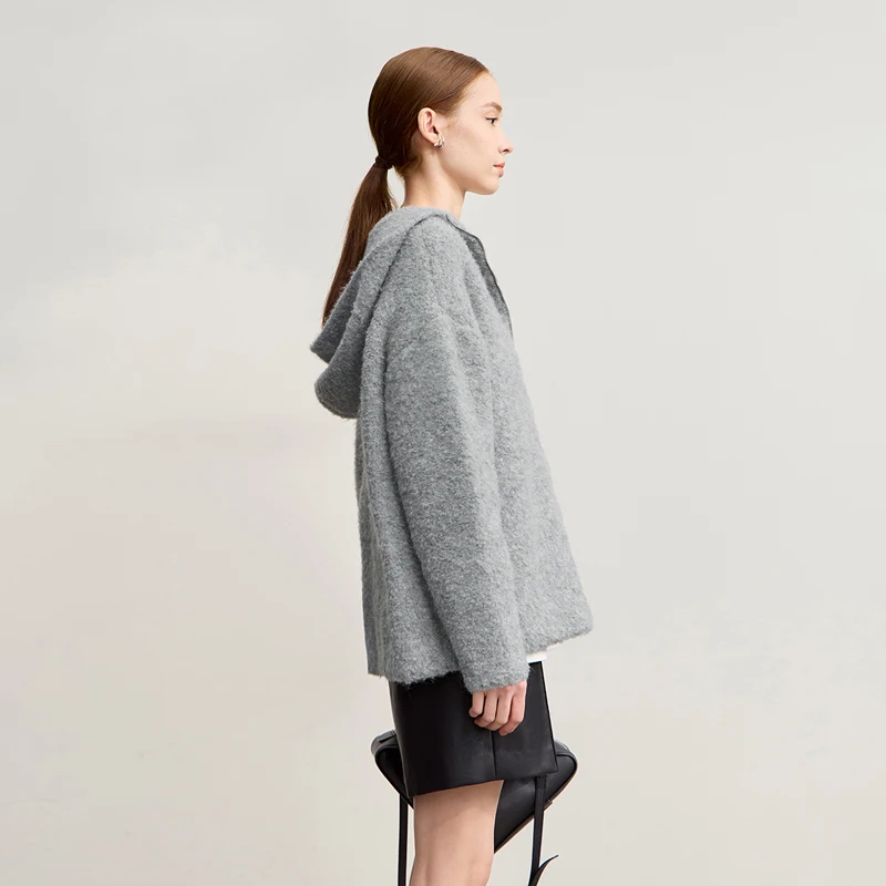 AMII Damenpullover mit Kapuze, 2025, Winter, neue Schulterärmel, Reißverschluss, lockerer Pullover für Damen, lässig, Strickpullover, Oberteil 12554064