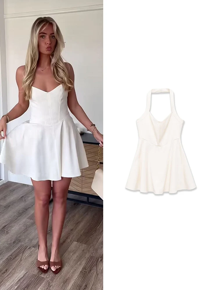 Neues Damen A-Linien Bodycon Minikleid V-Ausschnitt Figurbetont Neckholder Rückenfreies Sexy Kurzes Kleid Schick Lässig Party Streetwear