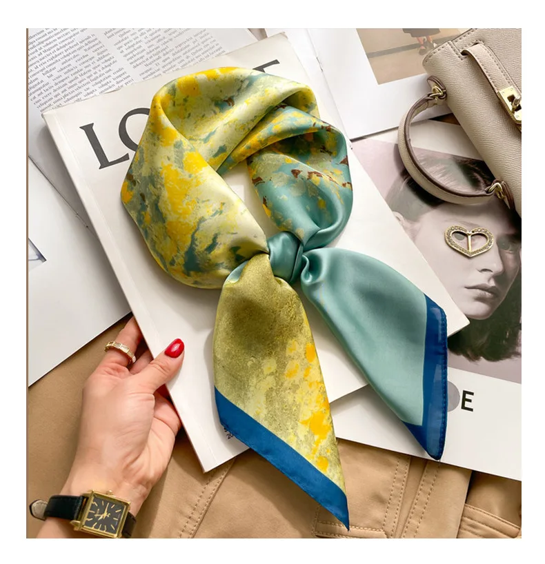 Marke Floral Print Seide Quadrat Schal Frauen Weiche Satin Kopftuch Haarband Halstuch Kopf Hijab Dame Stirnband Foulard Tasche Band – Detail 5