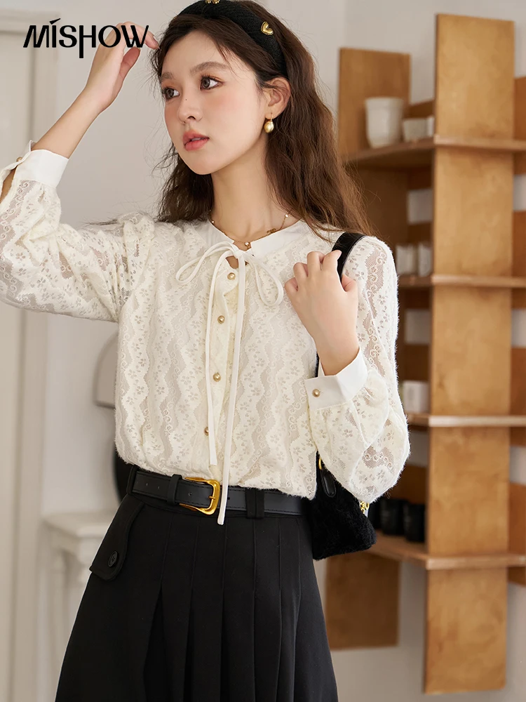 MISHOW French Bow Lace Blouse for Women 2023 Winter Autumn Fashion Button Up Long Sleeve Shirts & Blouses Top Female MXC53C0128