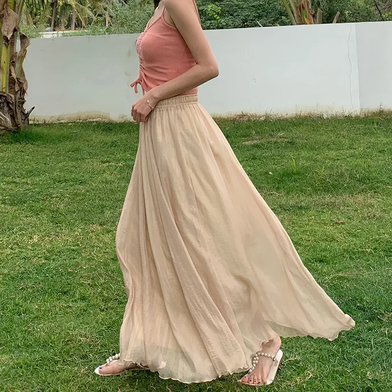 2025 Spring/Summer New Chiffon Long Skirt Long Dress Double-layer Tulle Elastic Waist Fresh Literary Dance Chinese Style Skirt