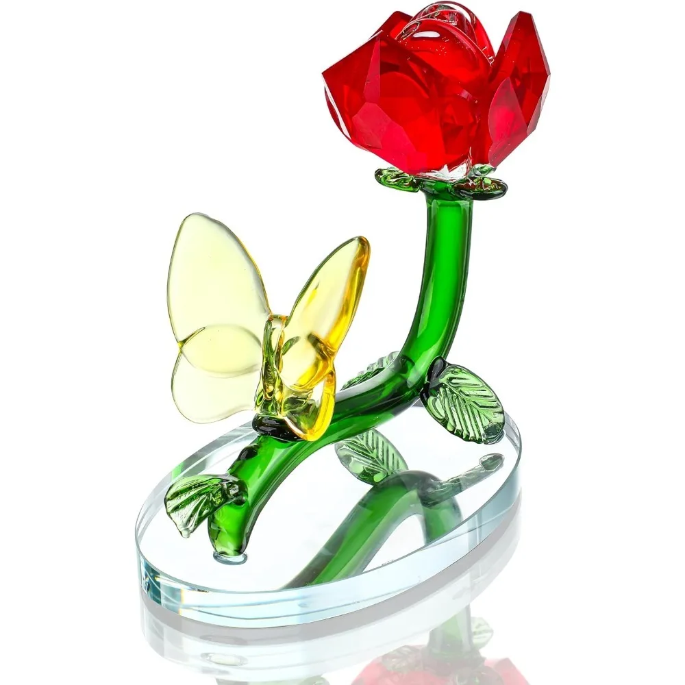 

H&D HYALINE & DORA Lying Red Crystal Rose with Yellow Butterfly Figurine Personalized Decor Glass Rose Flower Gifts for Women,Wi