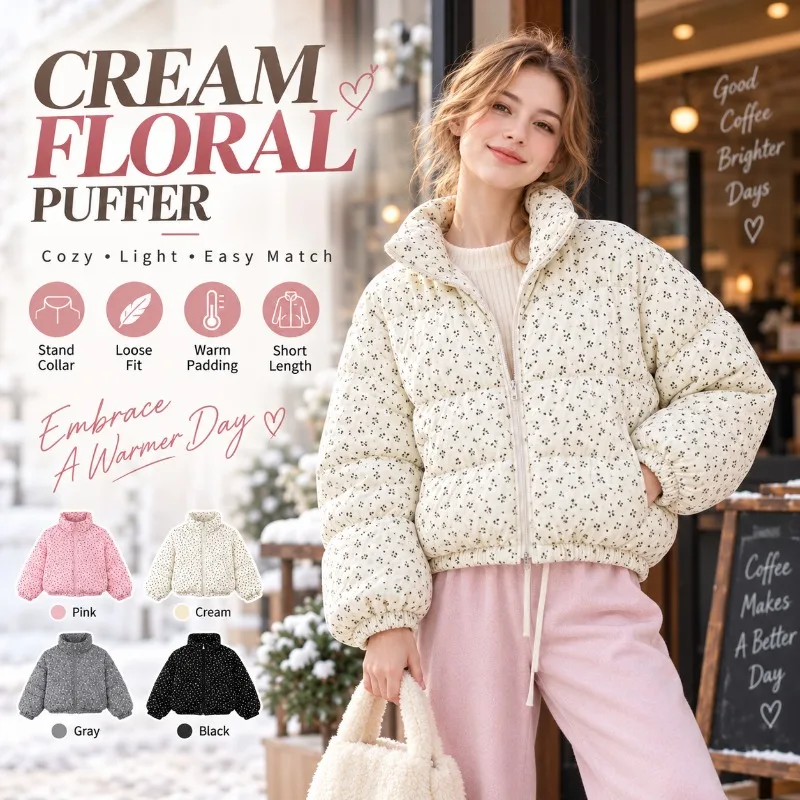 Women's Floral Puffer Jacket Winter Warm Padded Coat Short Loose Fit Stand Collar Zip Up Casual Outerwear