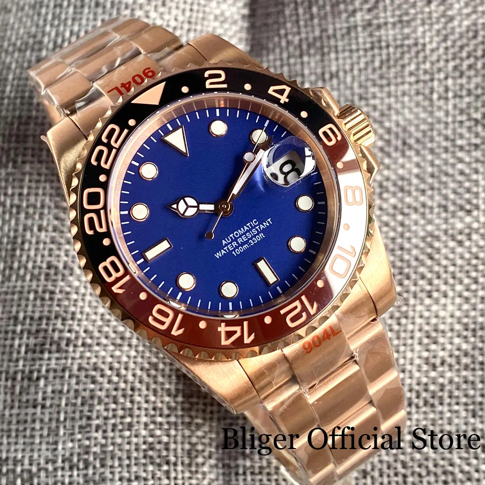 Imagem -04 - Bliger-relógio Movimento Automático Masculino Rose Gold Case Mostrador Azul Impermeável Nh35a 100m 40 mm