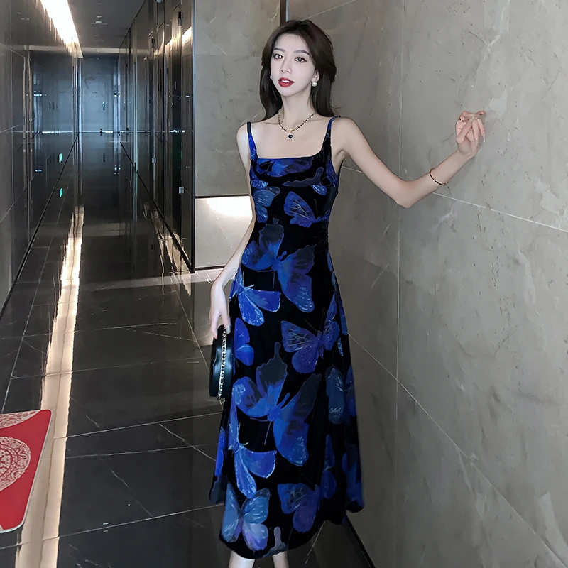 

Women Long Dress 2024 Sleeveless Floral Print Zipper High Waist Folds Backless Dresses
