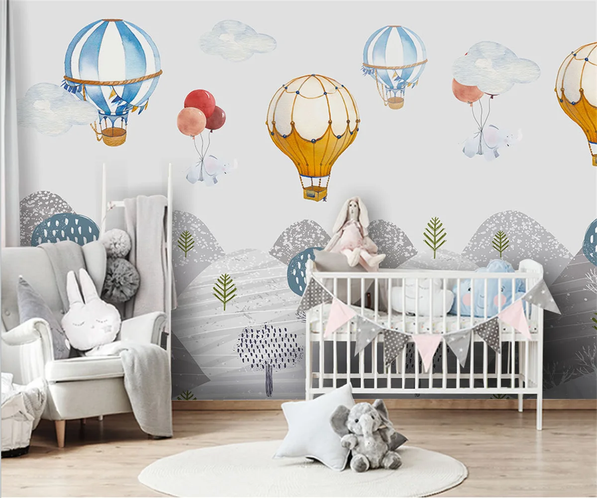 Benutzerdefinierte moderne Cartoon hand-painted heiße luft ballon berggipfel kinder schlafzimmer Hintergrund wand 3d tapete