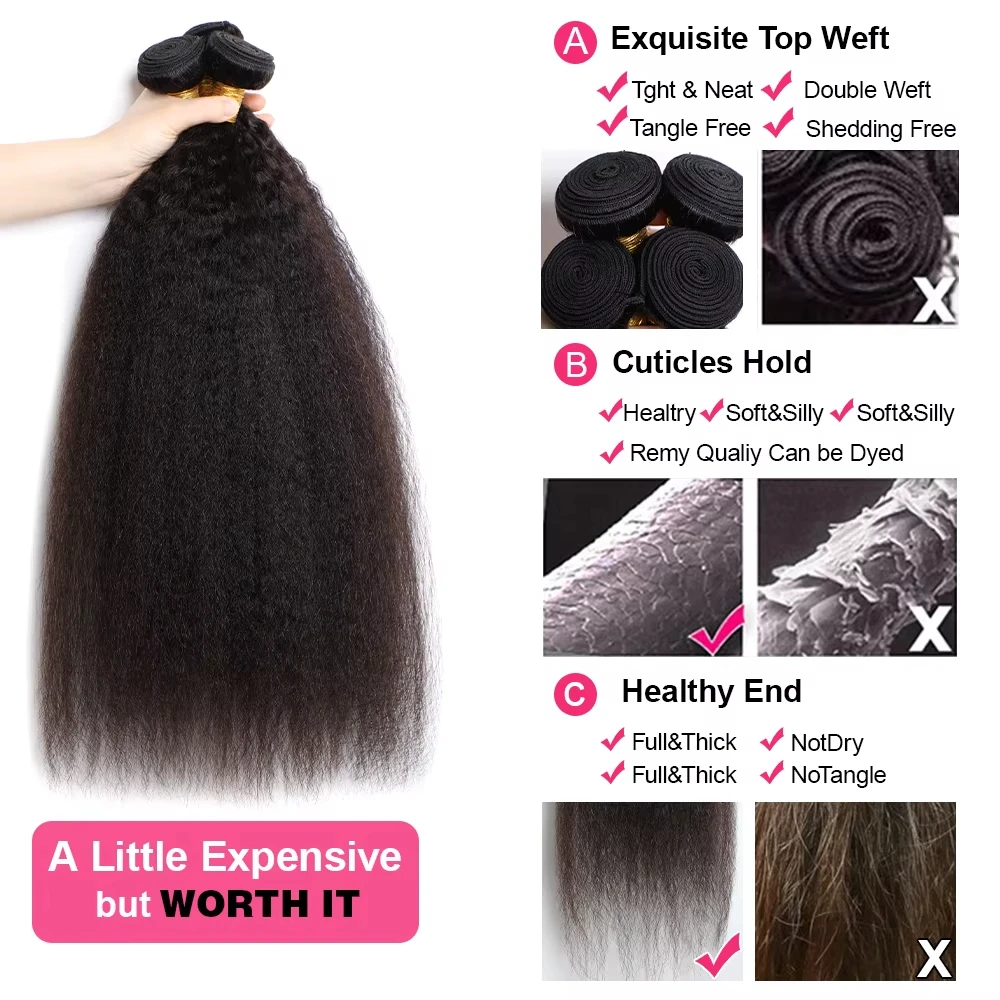 Extensions de cheveux naturels Remy crépus lisses, tissage en lot épais Yaki non traités, 28 à 30 pouces, pour femmes noires