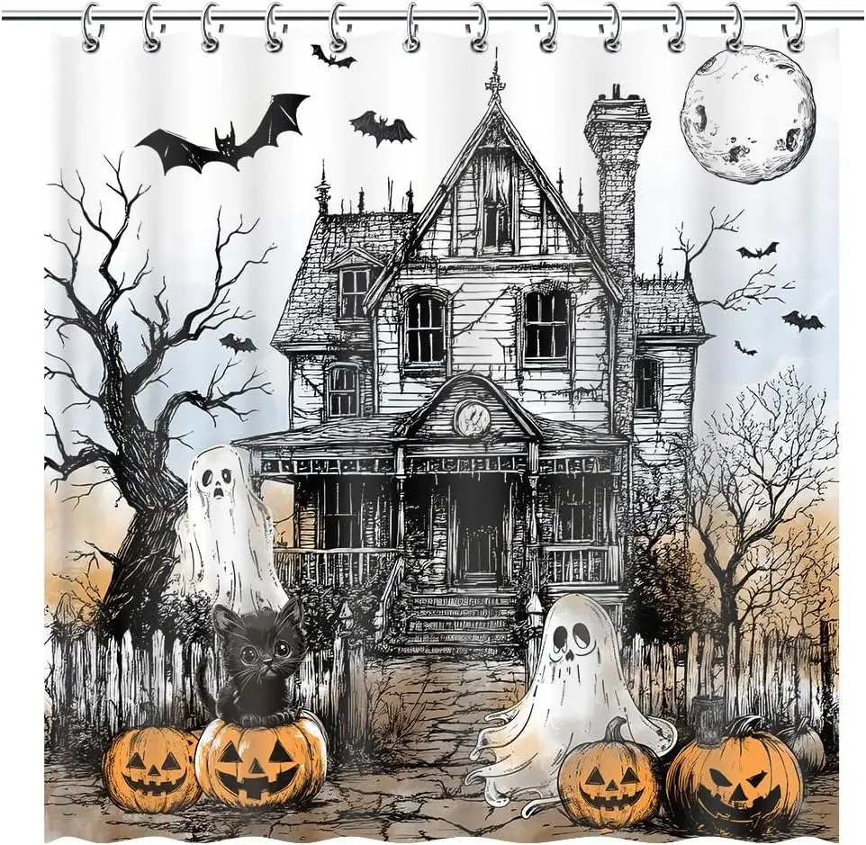 Halloween Haunted House Full Moon Night Shower Curtain 72