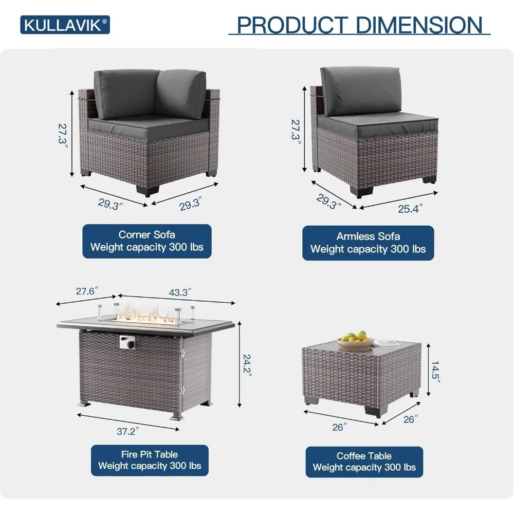 Conjunto de móveis para pátio externo, 10 peças com mesa de fogueira a gás propano de 55000btu, conjuntos de conversa de sofá secional de vime pe