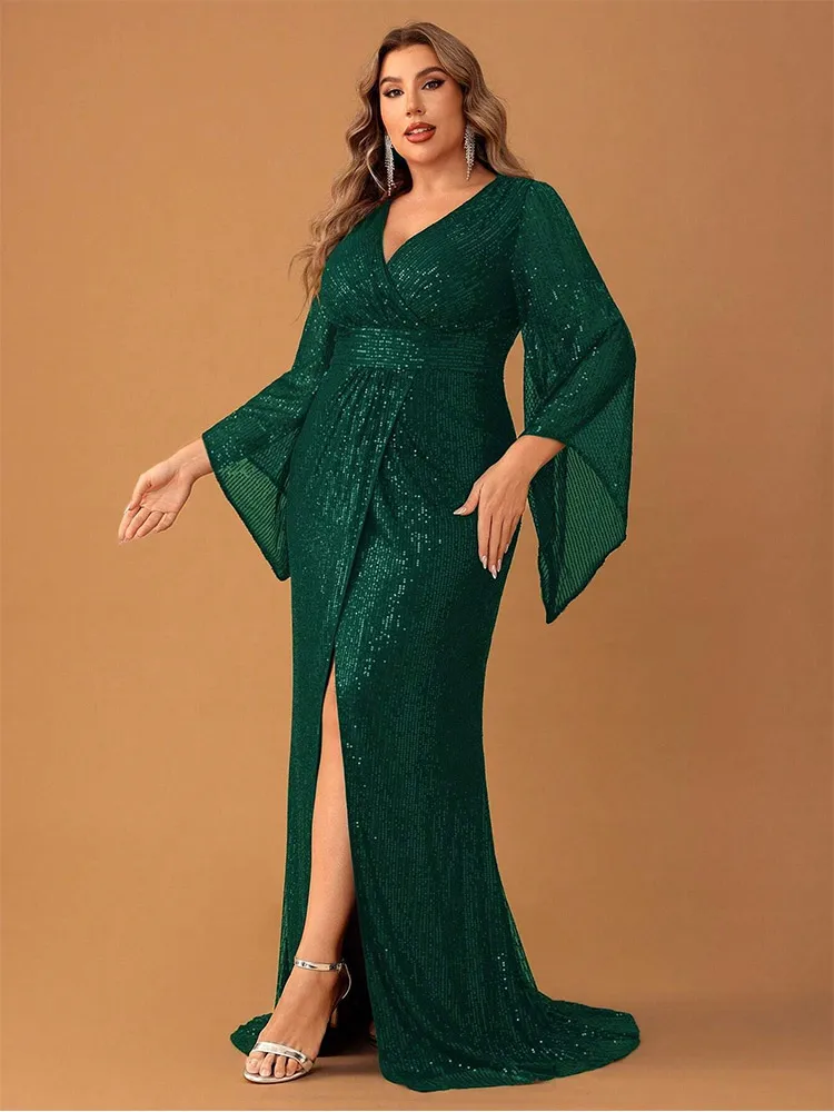 Plus Size Long Sleeve V Neck Dark Green Shiny Floor-length Evening Dress 4XL 5XL Big Size Dance Party Prom Gown Women