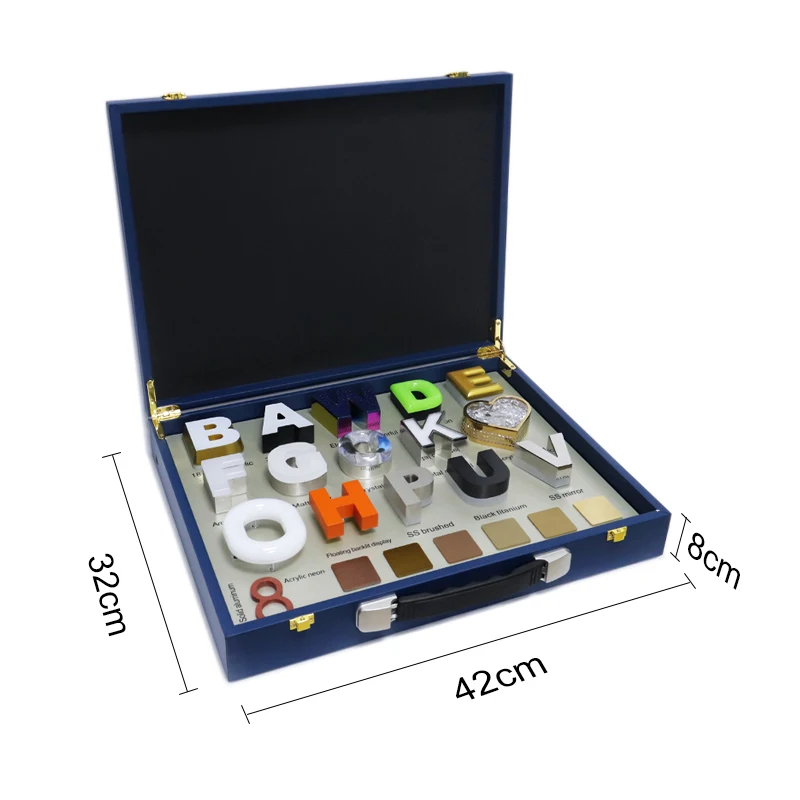 Portable led sample box 3d illuminated letters display business led sample kit box with metal channel letters