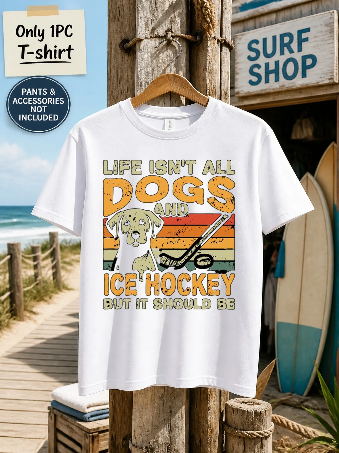 1pc Men'S Graphic T-Shirt Life Isn'T All Dogs And Ice Hockey But It Should Be Short Sleeve Crew Neck [Solely 1pc T-SHIRT]