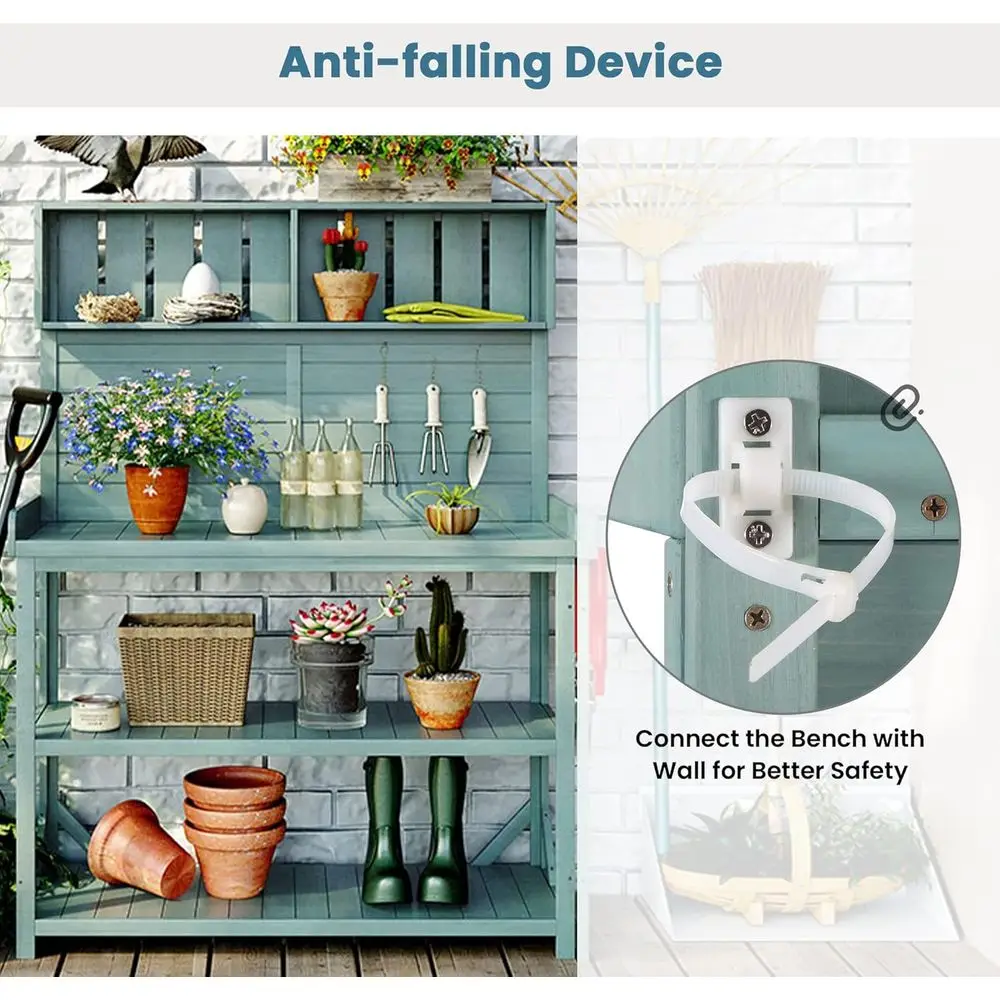 65 Banc d'empotage extérieur en bois vert avec 4 étagères, protection contre les éclaboussures et crochets pour une utilisation dans un jardin et un patio