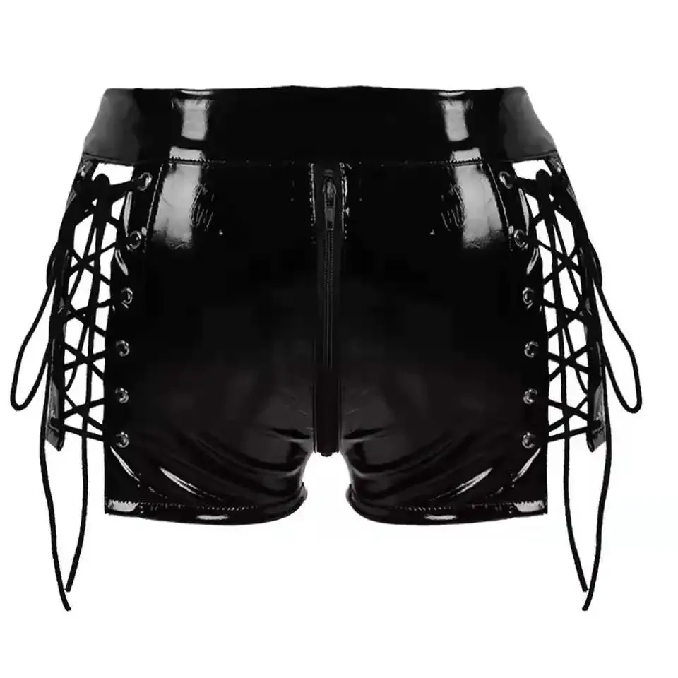 Frauen Mini Micro Gothic Pu Leder Shorts Bandage schwarz sexy Mode schlanke Reiß verschluss kurze Hosen Schnürung Hot pants Goth Casual Shorts