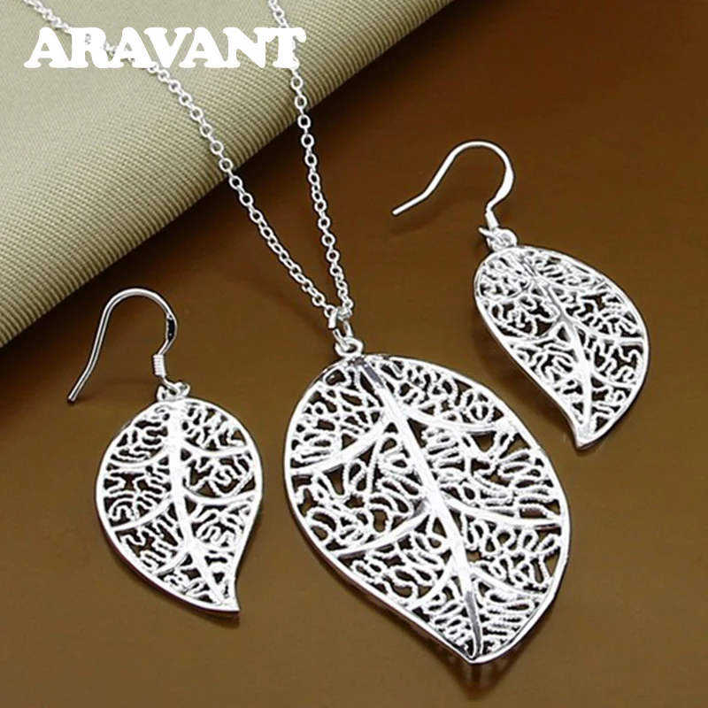 

925 Silver Leaf Pendant Necklaces Earrings Set For Women Fashion Jewelry