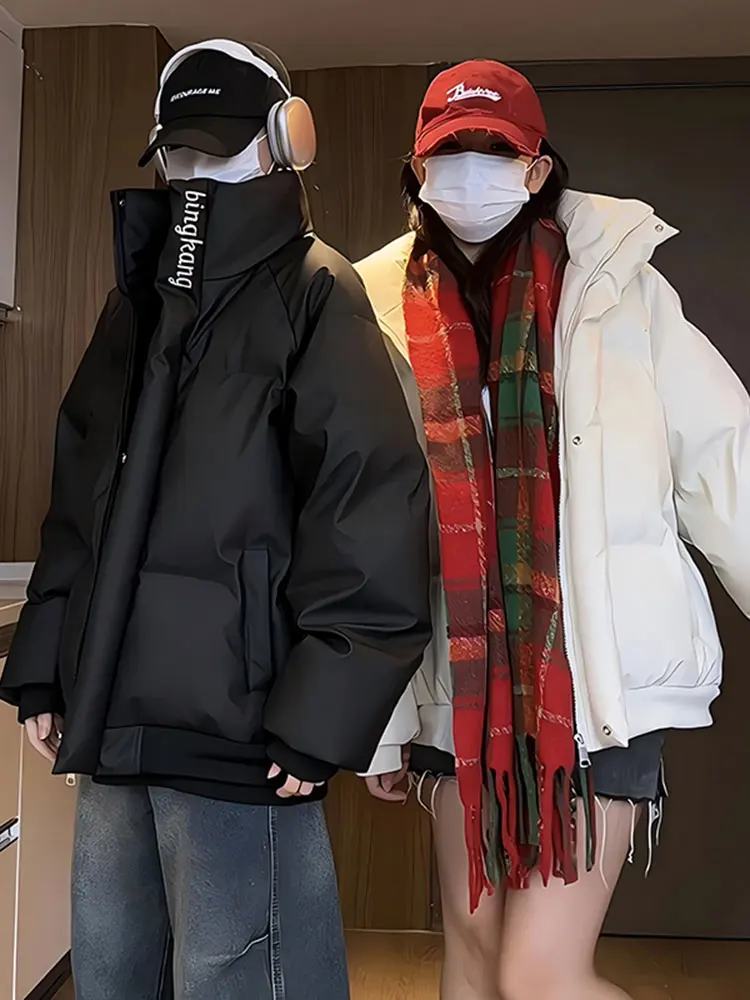 

Bla ort Embroidered PU Leather down Jaet Men's Winter Thiened Windproof Waterproof Coat Couple's Stand Collar Bread Coat