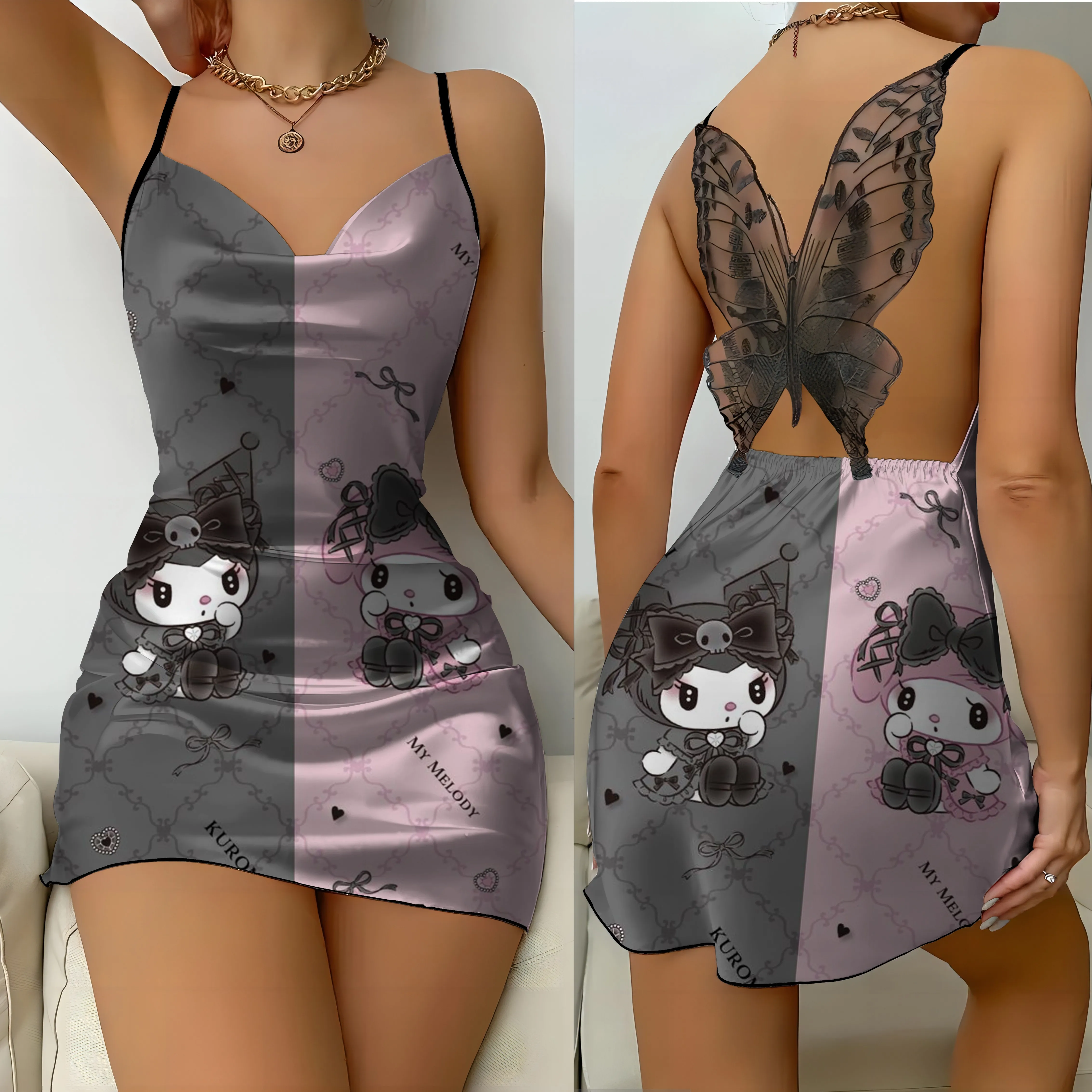 Sukienki Damskie Letnia Sukienka Piżama Spódnica Satynowa Powierzchnia Kuromi Bow Knot Sanrio Fashion 2024 Party Mini Sexy Lace Backless