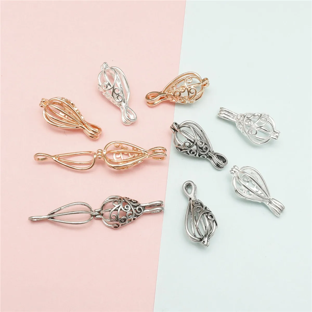 10pcsTeardrop Pearl Cage Chain Pendant Fashionable Aromatherapy Essential Oil Diffuser Necklace, Perfect for DIY Jewelry