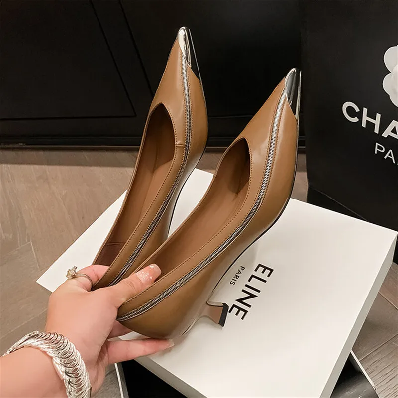 2024 New Spring Summer Split Leather Women Shoes Metal Pointed Toe High Heel Women Pumps Shallow Loafers for Women Ladies Shoes