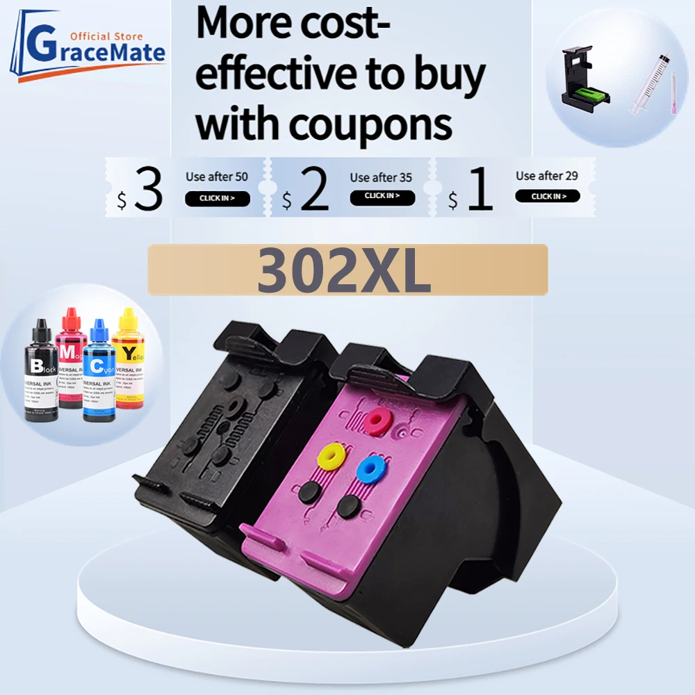 

GraceMate 302XL Refilled Ink Cartridge for hp 302 Xl hp302 Deskjet 2130 2131 1110 1111 1112 3630 3830 5200 3639 4520 Printer