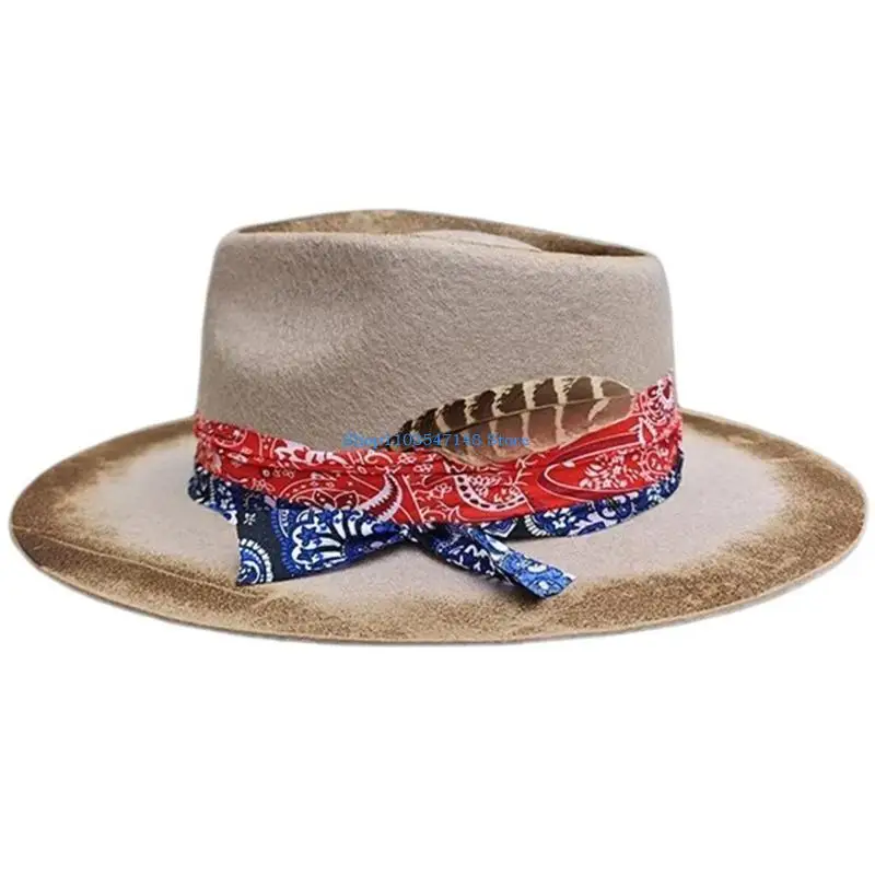 

P88B Vintage Woven Belt Hat Cosplay Costume Distressed Panama Hat Stage Performances Magicians Hat Adult Winter Warm Wool Hat