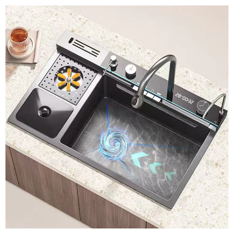 Modern Black Stainless Steel Kitchen Faucet Set Multi-Functional Waterfall 12L Big Single Bowl Counter Mounted Dish Rack Drainer
