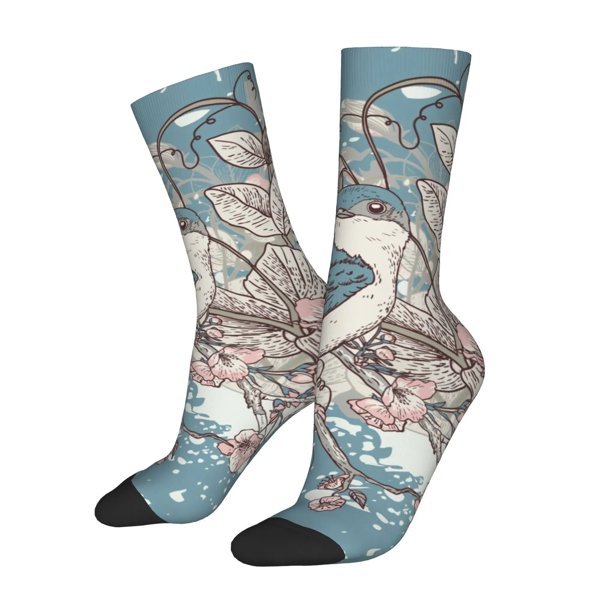 1pc Floral Background with Bird Printed Men's Socks  Novelty Hip Hop Harajuku Pattern Crew Sock Casual Gift