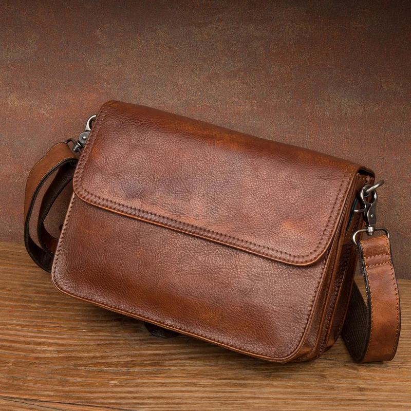 Original hand-rubbed leisure messenger bag vegetable tanned leather handbag leather retro men\'s Baotou leather shoulder bag