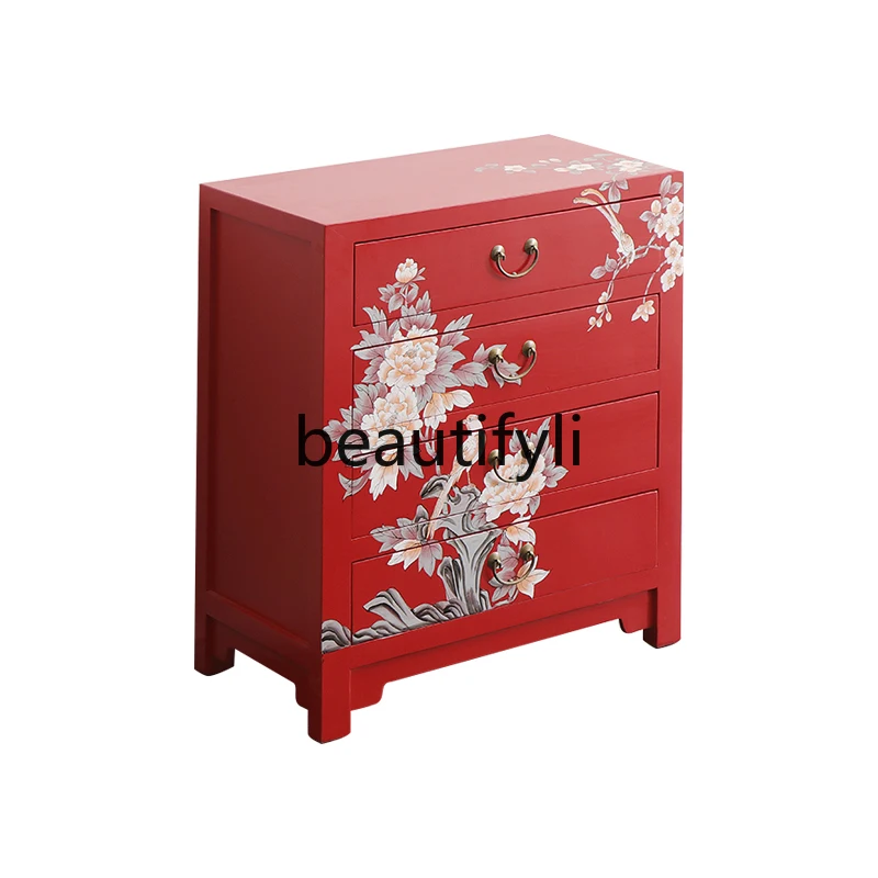 New Chinese solid wood chest modern simple hand-painted multi-chest cabinet living room bedroom four-bucket locker