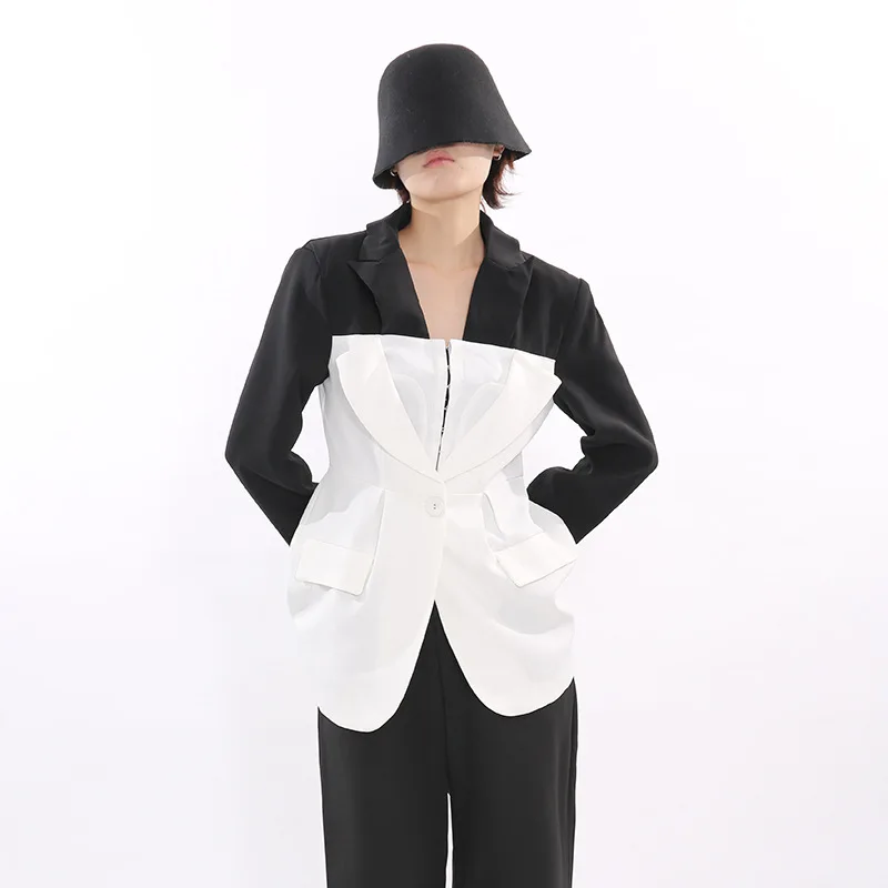 HKSH 2026 Spring Autumn New Women Blazer Color Block Waist Cinching Slim Fit Elegant Fashion Coat French High-End Jacket HK18782